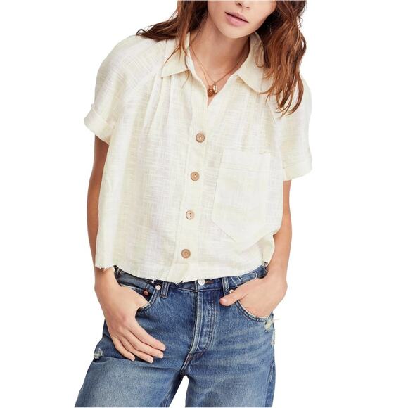 Free People Away At Sea Linen Frayed Button Yellow Short Sleeve Crop Top Small - Picture 1 of 13